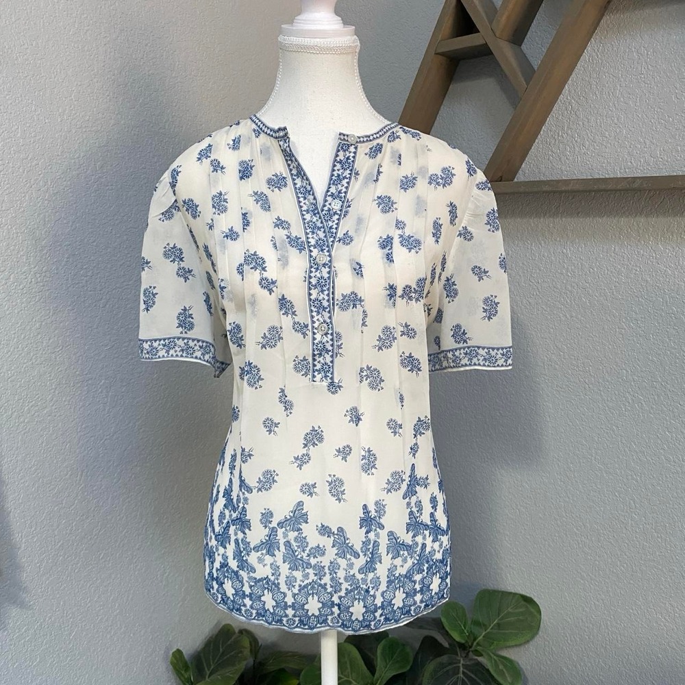 MAX STUDIO WHITE BLOUSE FLORAL BUTTERFLY SHORT SLEEVE BLOUSE BOHO COASTAL CASUAL